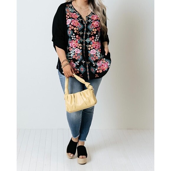 Savanna Jane S Women Top Floral Top Shirt Blouse Embroidered Roll Tab Sleeve T3 - Picture 2 of 12